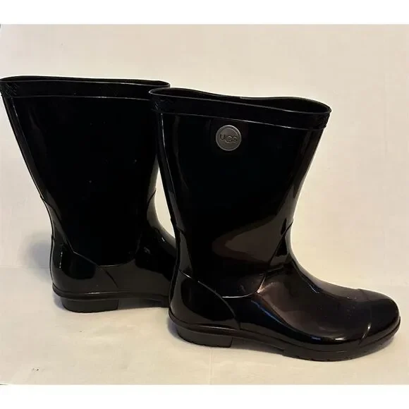 UGG Sienna Women's Black Gloss Mid-Calf Rain Boots Size 7 - Picture 2 of 5